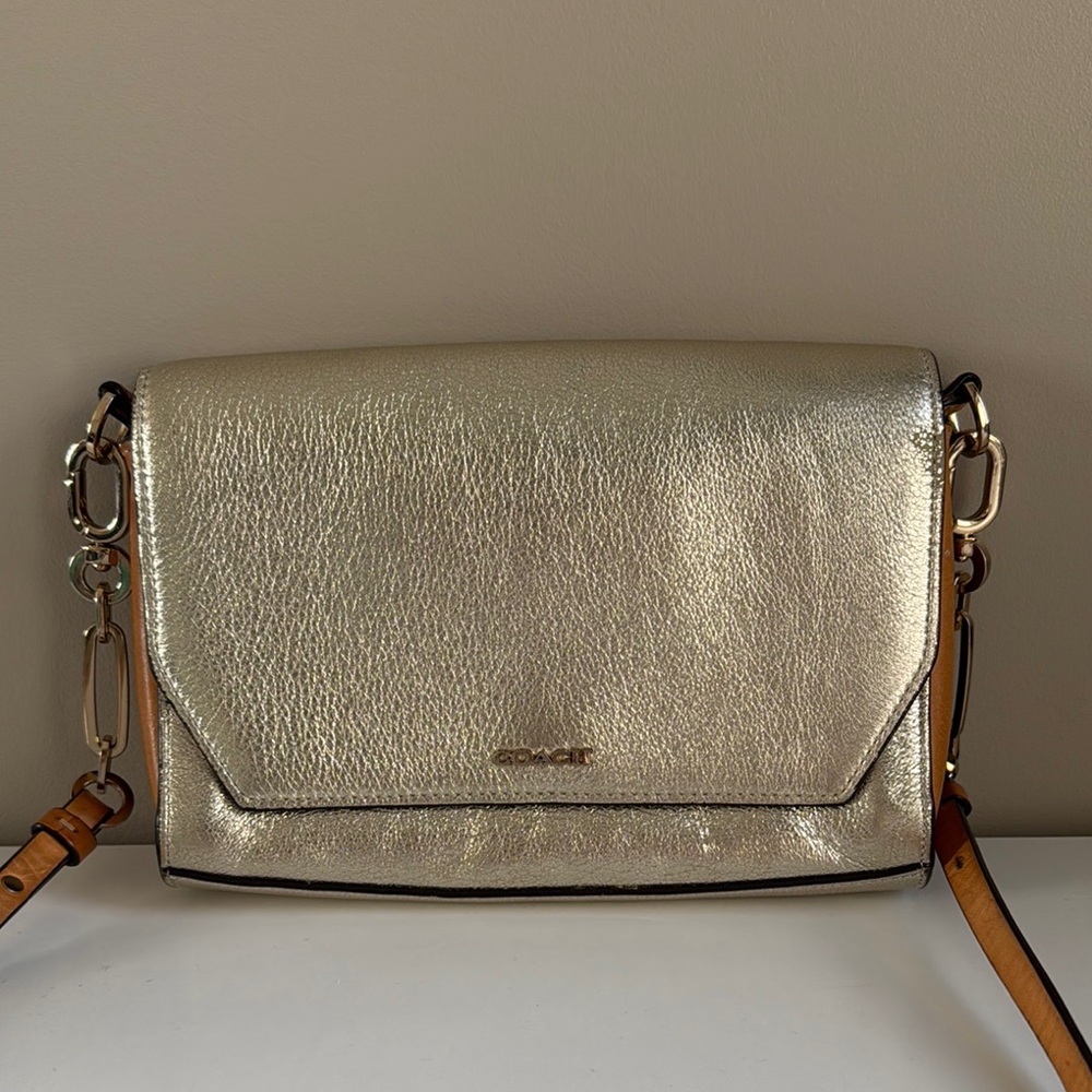 As is* Coach metallic Gold and Brown leather Crossbody Bag